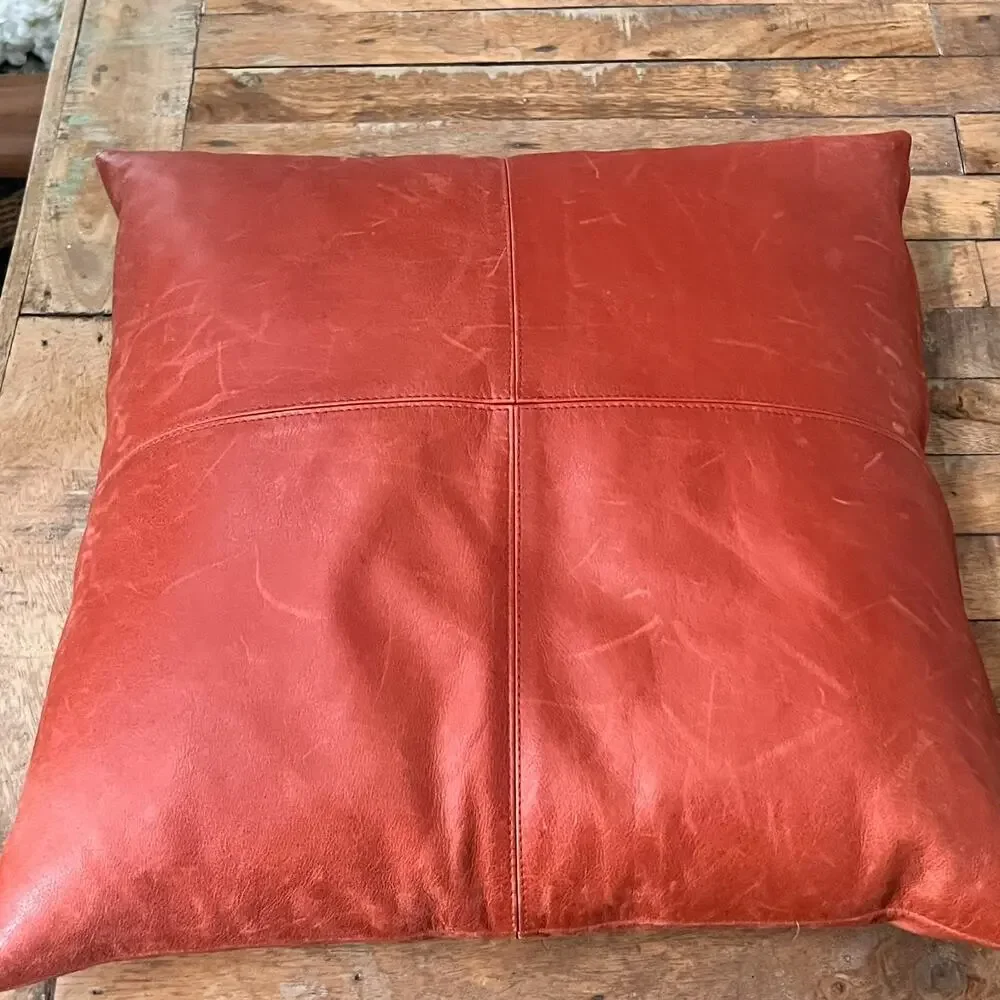 Pottery Barn Throw Pillow 17 x 17in 100% Genuine Leather Burnt Orange Color